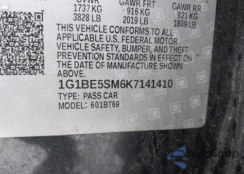 2019 Chevrolet Cruze Lt из США, поврежденный, VIN 1G1BE5SM6K7141410